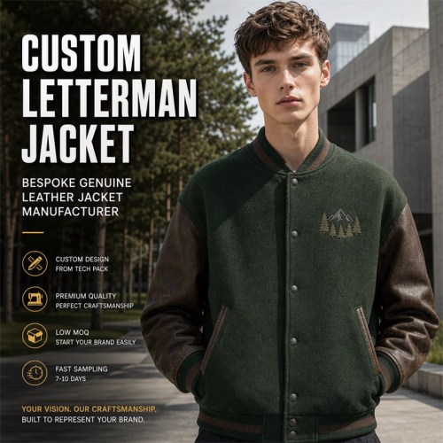 Men's Forest Green Varsity Jacket, Charcoal Brown Contrast with PU Leather Sleeves