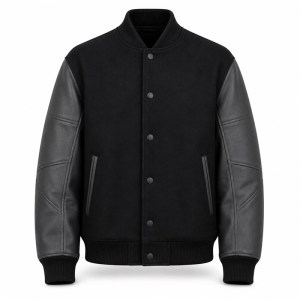 Men's Black Grey Multi Panel Varsity Jacket, Structural Splicing with PU Sleeves