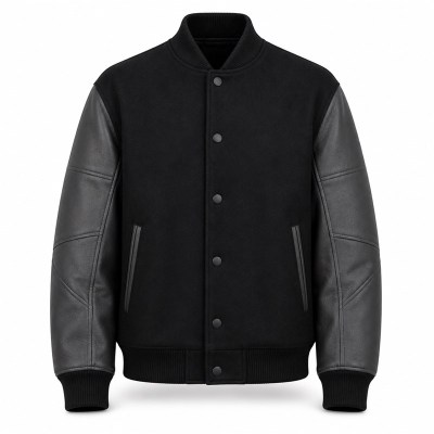 Men's Black Grey Multi Panel Varsity Jacket, Structural Splicing with PU Sleeves