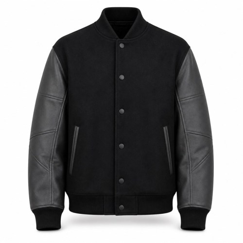Men's Black Grey Multi Panel Varsity Jacket, Structural Splicing with PU Sleeves