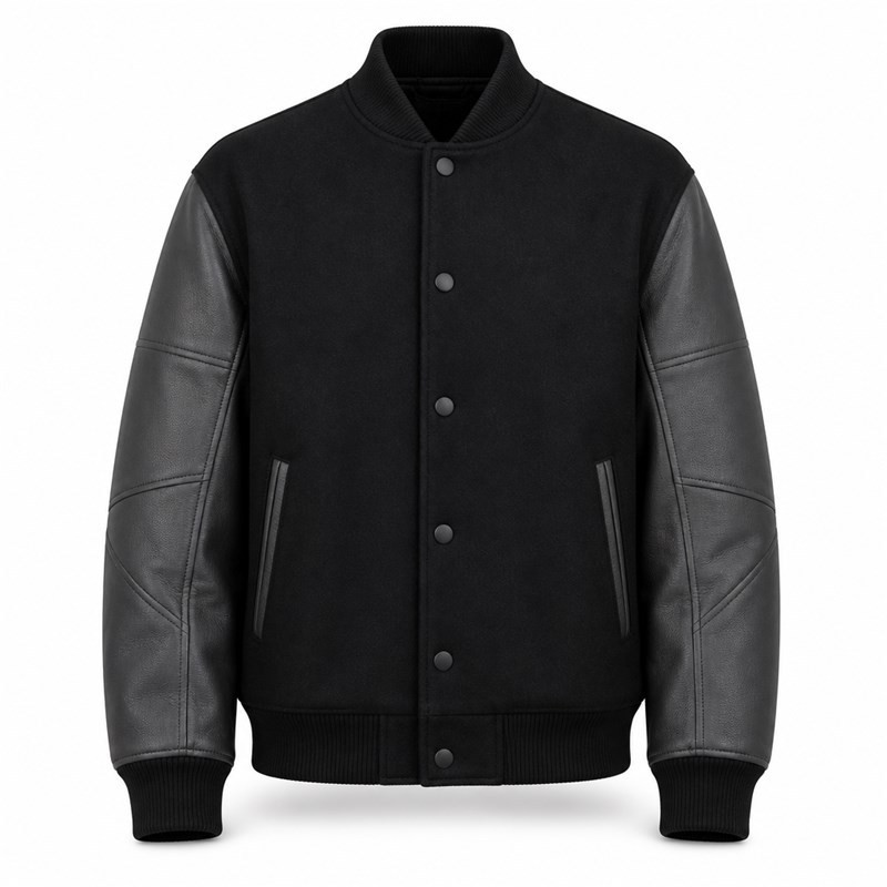 Men's Black Grey Multi Panel Varsity Jacket, Structural Splicing with PU Sleeves