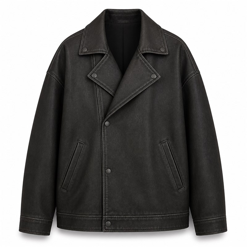Men's Matte Black Plain PU Leather Jacket, Structural Paneling with Frosted Finish