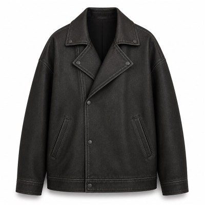 Men's Matte Black Plain PU Leather Jacket, Structural Paneling with Frosted Finish