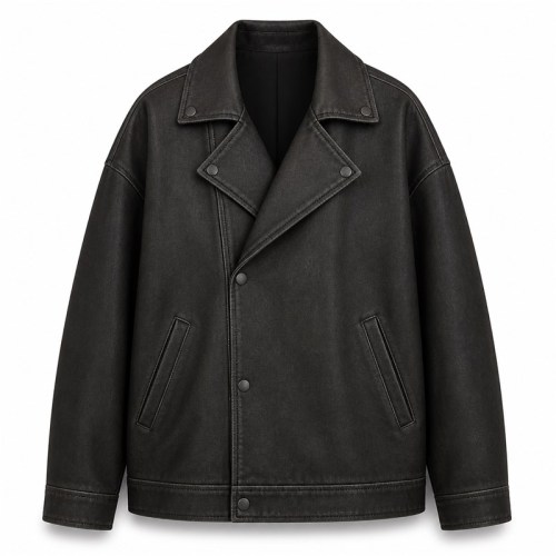 Men's Matte Black Plain PU Leather Jacket, Structural Paneling with Frosted Finish