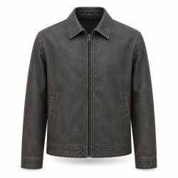 Men's Washed PU Leather Jacket with Low Saturation Back Print, Street Style