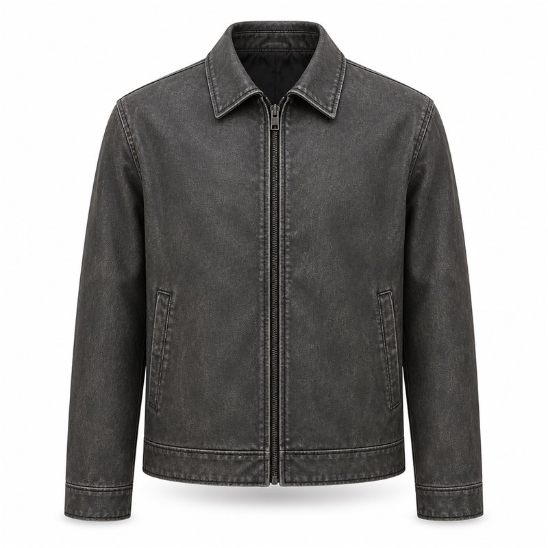 Men's Washed PU Leather Jacket with Low Saturation Back Print, Street Style