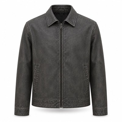 Men's Washed PU Leather Jacket with Low Saturation Back Print, Street Style