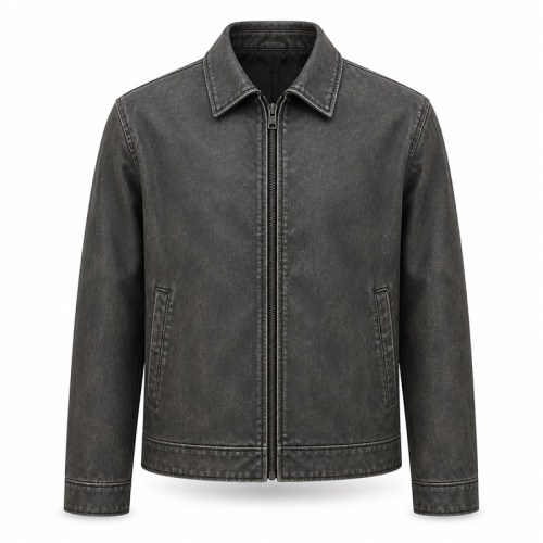 Men's Washed PU Leather Jacket with Low Saturation Back Print, Street Style