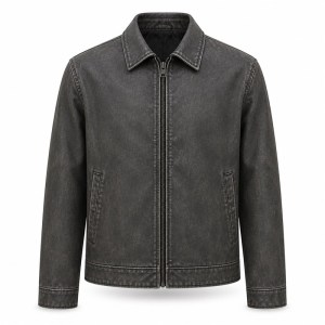 Men's Washed PU Leather Jacket with Low Saturation Back Print, Street Style
