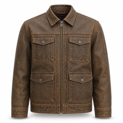 Men's Multi Panel Workwear PU Leather Jacket, Khaki Brown Washed Finish
