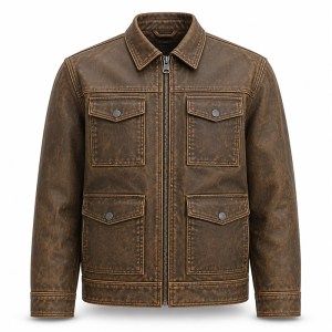 Men's Multi Panel Workwear PU Leather Jacket, Khaki Brown Washed Finish