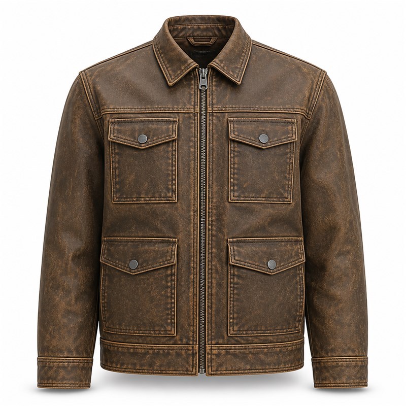 Men's Multi Panel Workwear PU Leather Jacket, Khaki Brown Washed Finish