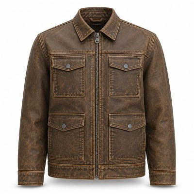 Men's Multi Panel Workwear PU Leather Jacket, Khaki Brown Washed Finish