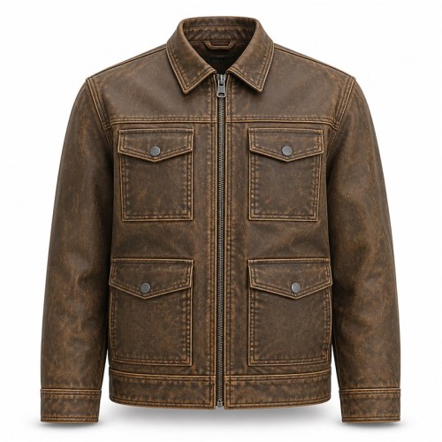 Men's Multi Panel Workwear PU Leather Jacket, Khaki Brown Washed Finish