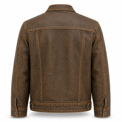 Men's Multi Panel Workwear PU Leather Jacket, Khaki Brown Washed Finish
