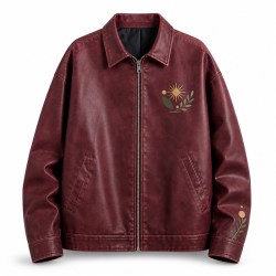 Men's Deep Burgundy PU Leather Jacket, Art Print at Left Chest and Cuff
