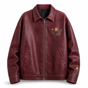 Men's Deep Burgundy PU Leather Jacket, Art Print at Left Chest and Cuff