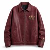 Men's Deep Burgundy PU Leather Jacket, Art Print at Left Chest and Cuff