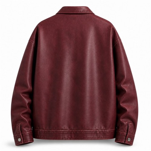 Men's Deep Burgundy PU Leather Jacket, Art Print at Left Chest and Cuff