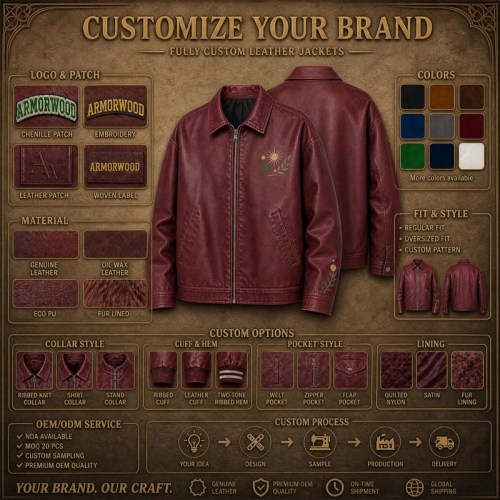 Men's Deep Burgundy PU Leather Jacket, Art Print at Left Chest and Cuff