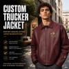 Men's Deep Burgundy PU Leather Jacket, Art Print at Left Chest and Cuff