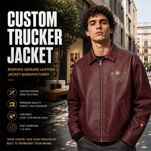 Men's Deep Burgundy PU Leather Jacket, Art Print at Left Chest and Cuff
