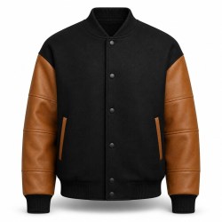 Men's Black Wool Varsity Jacket with Caramel Brown PU Sleeves, Plain Build