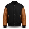 Men's Black Wool Varsity Jacket with Caramel Brown PU Sleeves, Plain Build