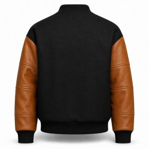 Men's Black Wool Varsity Jacket with Caramel Brown PU Sleeves, Plain Build