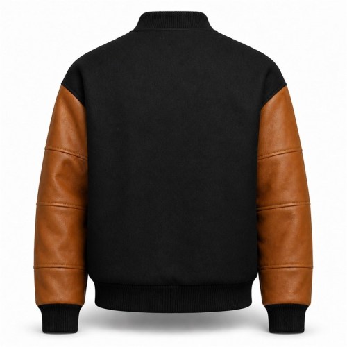 Men's Black Wool Varsity Jacket with Caramel Brown PU Sleeves, Plain Build