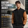 Men's Black Wool Varsity Jacket with Caramel Brown PU Sleeves, Plain Build