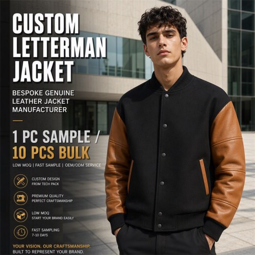Men's Black Wool Varsity Jacket with Caramel Brown PU Sleeves, Plain Build