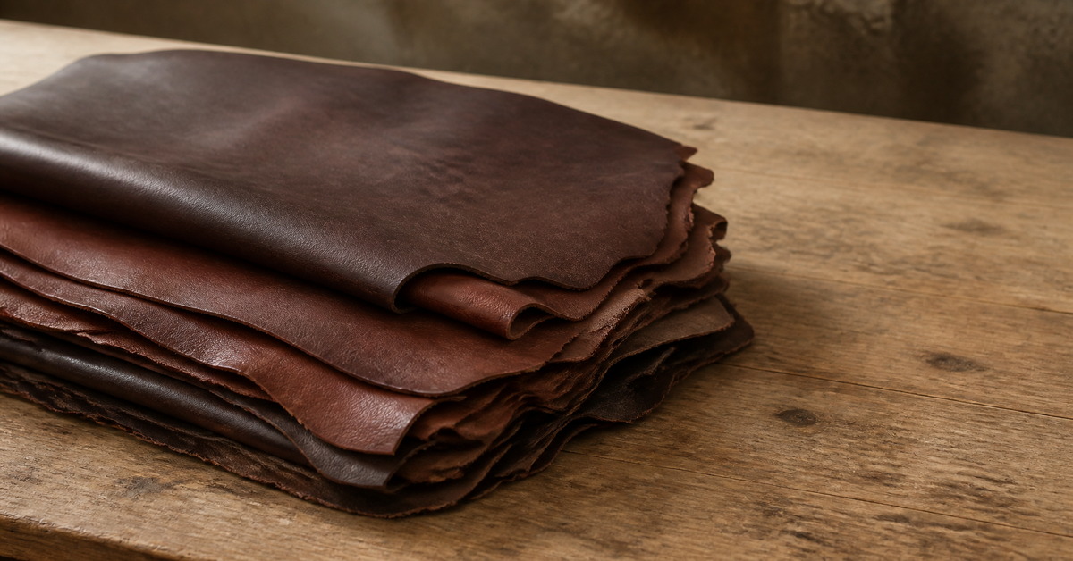 Folded brown and oxblood leather hides stacked on a light wooden tannery workbench for a leather jacket article