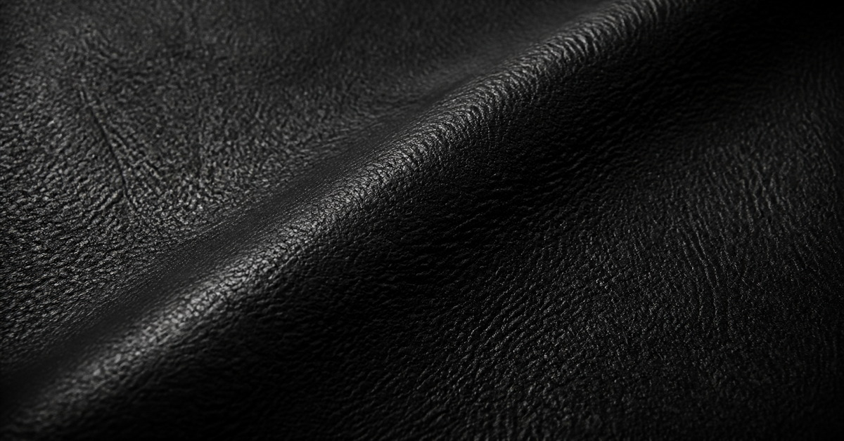 Close-up of fine natural grain and a soft fold on a black finished leather surface used in leather jacket production