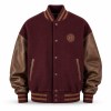 Men's Burgundy Wool Varsity Jacket with Mocha Brown PU Sleeves, Round Badge Embroidery
