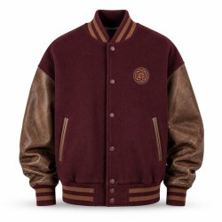 Men's Burgundy Wool Varsity Jacket with Mocha Brown PU Sleeves, Round Badge Embroidery