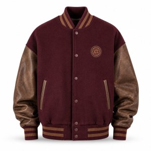 Men's Burgundy Wool Varsity Jacket with Mocha Brown PU Sleeves, Round Badge Embroidery