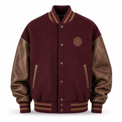 Men's Burgundy Wool Varsity Jacket with Mocha Brown PU Sleeves, Round Badge Embroidery
