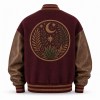 Men's Burgundy Wool Varsity Jacket with Mocha Brown PU Sleeves, Round Badge Embroidery