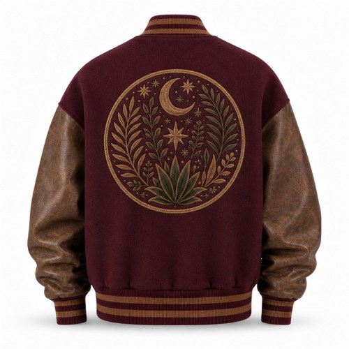 Men's Burgundy Wool Varsity Jacket with Mocha Brown PU Sleeves, Round Badge Embroidery