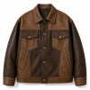 Men's Two Tone Patchwork PU Leather Jacket, Mocha Brown Casual Cut