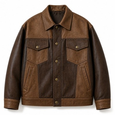 Men's Two Tone Patchwork PU Leather Jacket, Mocha Brown Casual Cut