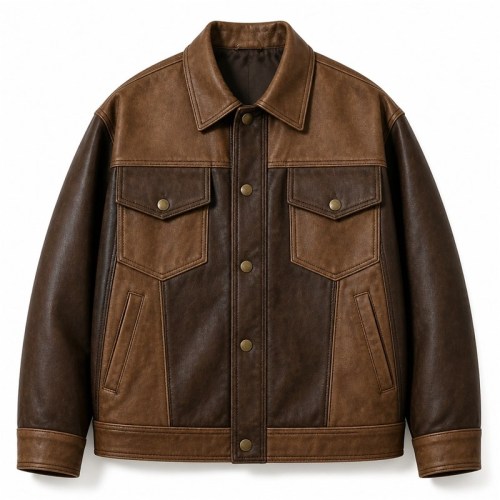 Men's Two Tone Patchwork PU Leather Jacket, Mocha Brown Casual Cut
