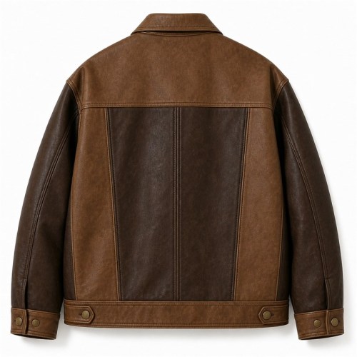 Men's Two Tone Patchwork PU Leather Jacket, Mocha Brown Casual Cut