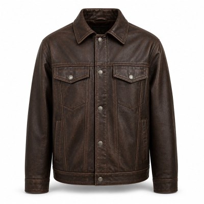 Men's Mocha Brown Cowhide Leather Jacket with Fine Art Embroidery on the Back