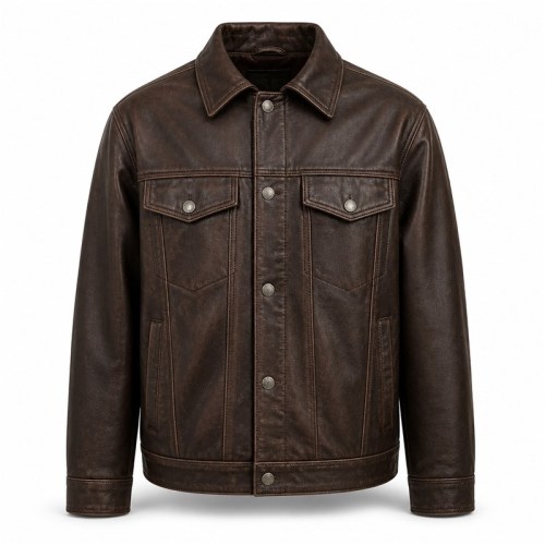 Men's Mocha Brown Cowhide Leather Jacket with Fine Art Embroidery on the Back