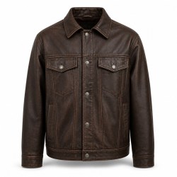 Men's Mocha Brown Cowhide Leather Jacket with Fine Art Embroidery on the Back