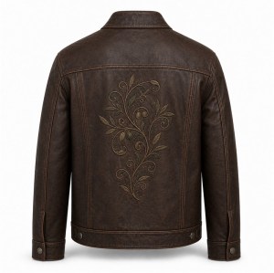 Men's Mocha Brown Cowhide Leather Jacket with Fine Art Embroidery on the Back