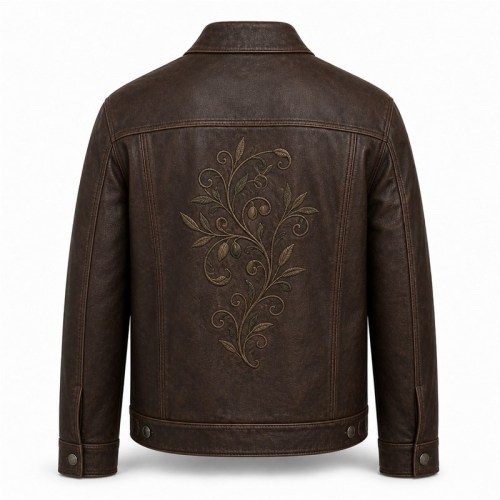 Men's Mocha Brown Cowhide Leather Jacket with Fine Art Embroidery on the Back