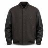 Men's Charcoal Brown Wool Varsity Jacket with Black PU Sleeves, Minimalist Cut